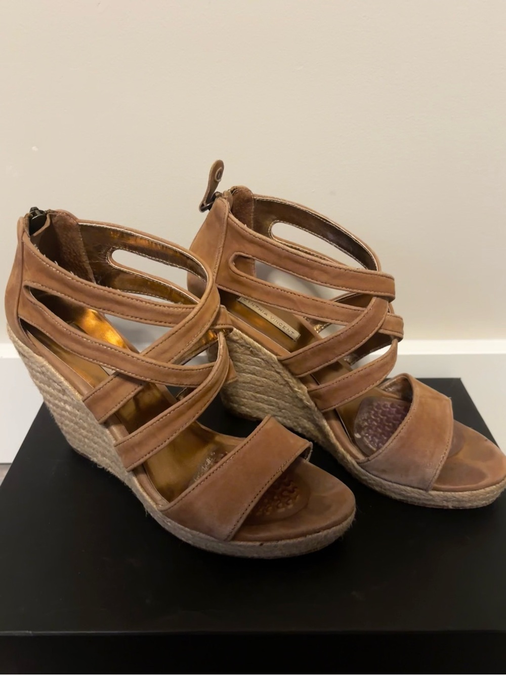 Cynthia Vincent Tan Strappy Espadrille Wedge Sandals